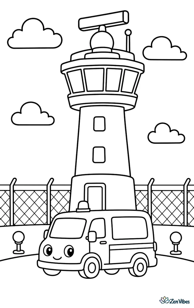 An airport control tower rises above the field while a service van drives below. Radar equipment, runway lights, and a chain-link fence stand against a wide sky.