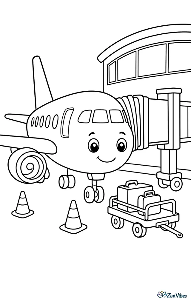 A jet bridge connects to a passenger airplane door while ground cones mark the parking spot. Terminal windows, painted gate numbers, and a baggage cart sit nearby.
