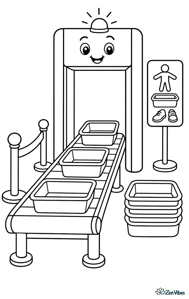 Plastic bins move along a security lane conveyor as a walk-through scanner stands ready. Belt posts, shoe trays, and an instruction sign line the orderly checkpoint area.