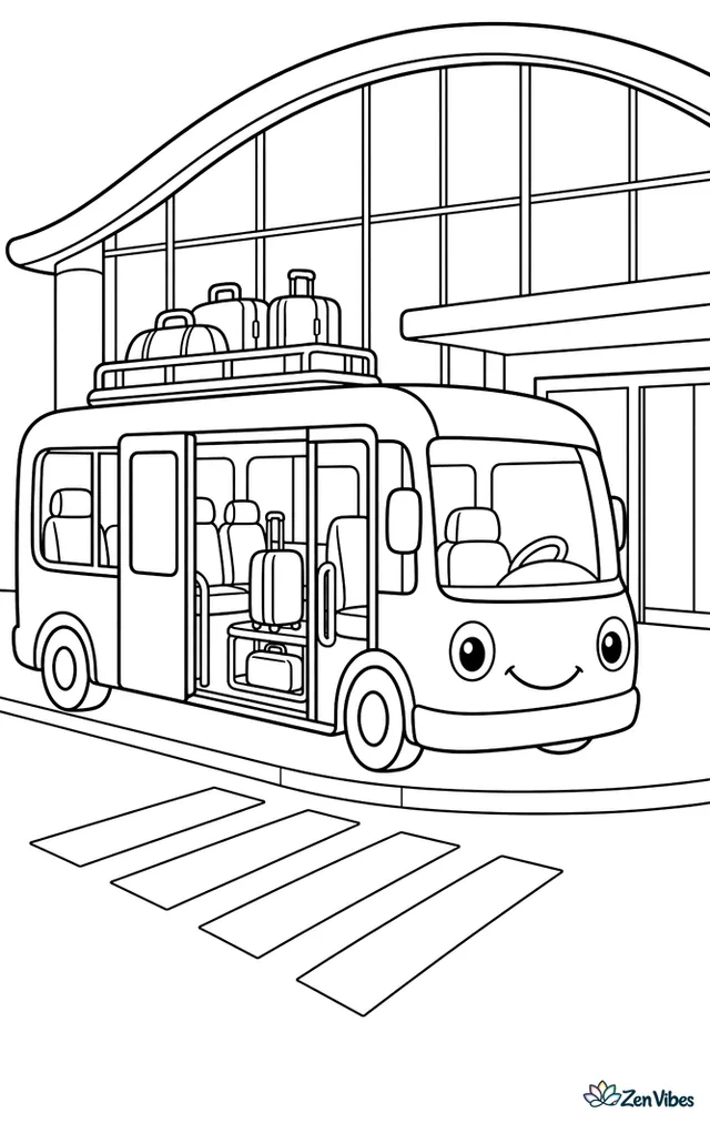 An airport shuttle bus stops at the curb outside the terminal entrance. Sliding doors, luggage racks, striped crosswalk lines, and tall glass walls create a busy pickup scene.