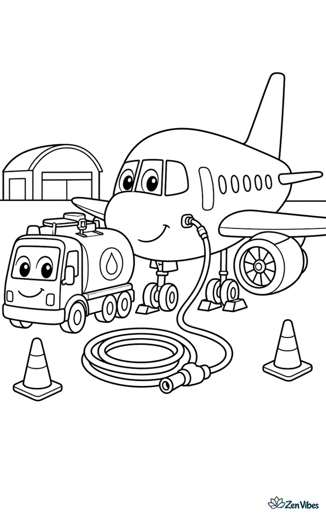 A fuel truck parks beside a passenger jet on the apron while hoses rest coiled nearby. Wheel chocks, safety cones, and distant hangars complete the service area.