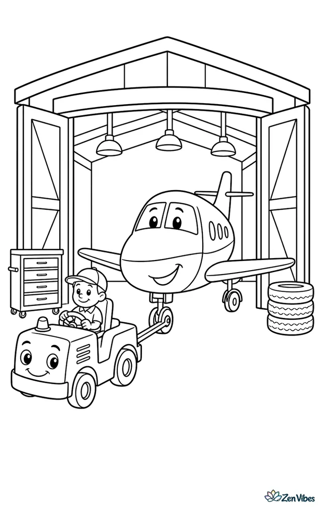 A maintenance hangar stands open with a tow tractor pulling a small airplane nose-first inside. Tool cabinets, ceiling lights, and stacked tires frame the workshop entrance.