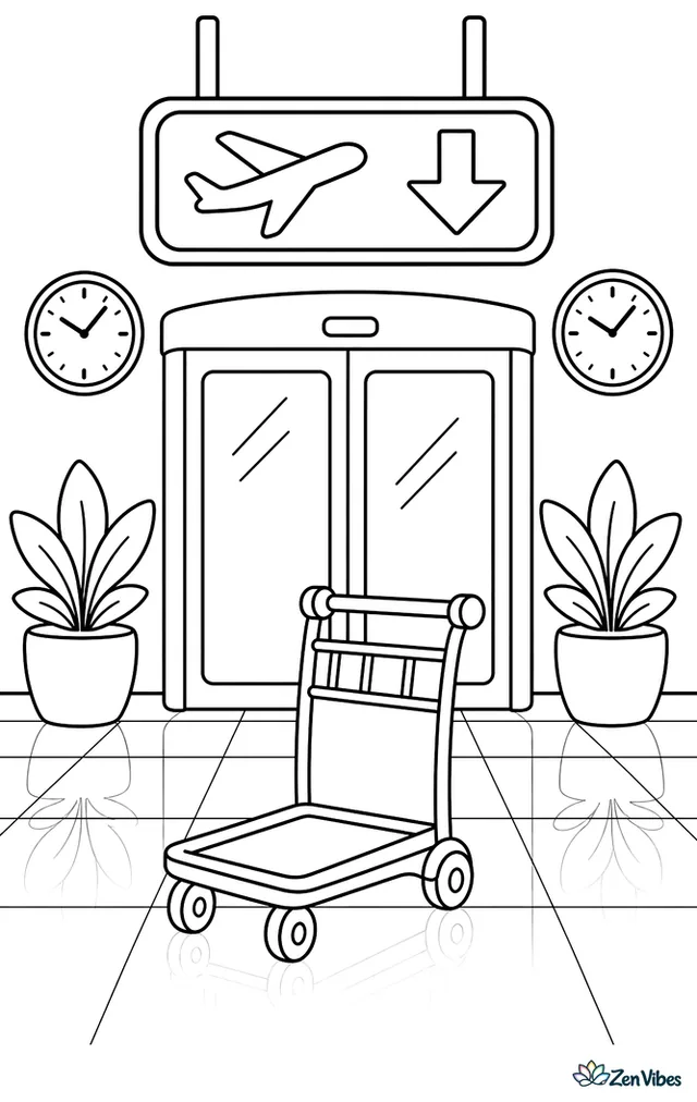 An arrivals sign hangs above sliding doors where a luggage trolley waits. Wall clocks, indoor planters, and polished floor reflections shape the welcoming terminal entrance.