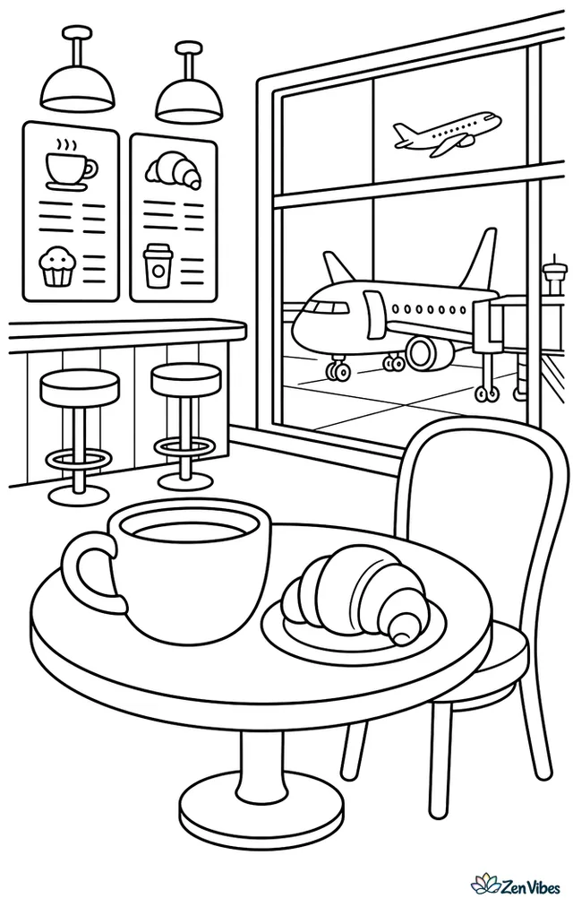 A coffee cup and pastry sit on a small cafe table overlooking the gates. Menu boards, bar stools, and large windows showing parked airplanes make a relaxed terminal corner.