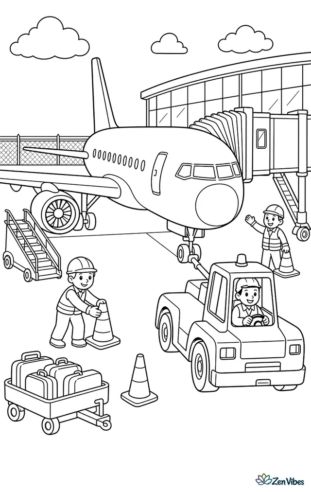 A pushback tractor connects to an airliner at the gate while ramp workers place orange cones. Terminal glass, service stairs, and baggage carts surround the parked aircraft.
