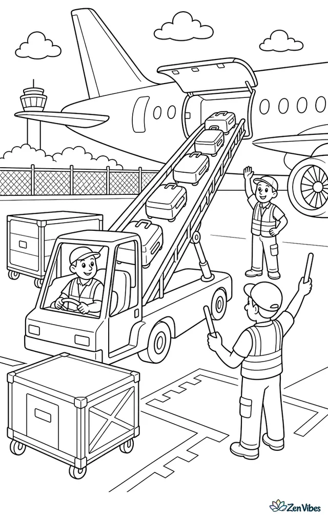 A belt loader reaches an airplane cargo hold as suitcases move upward in a neat line. Ground crew vests, cargo containers, and apron markings fill the busy loading scene.