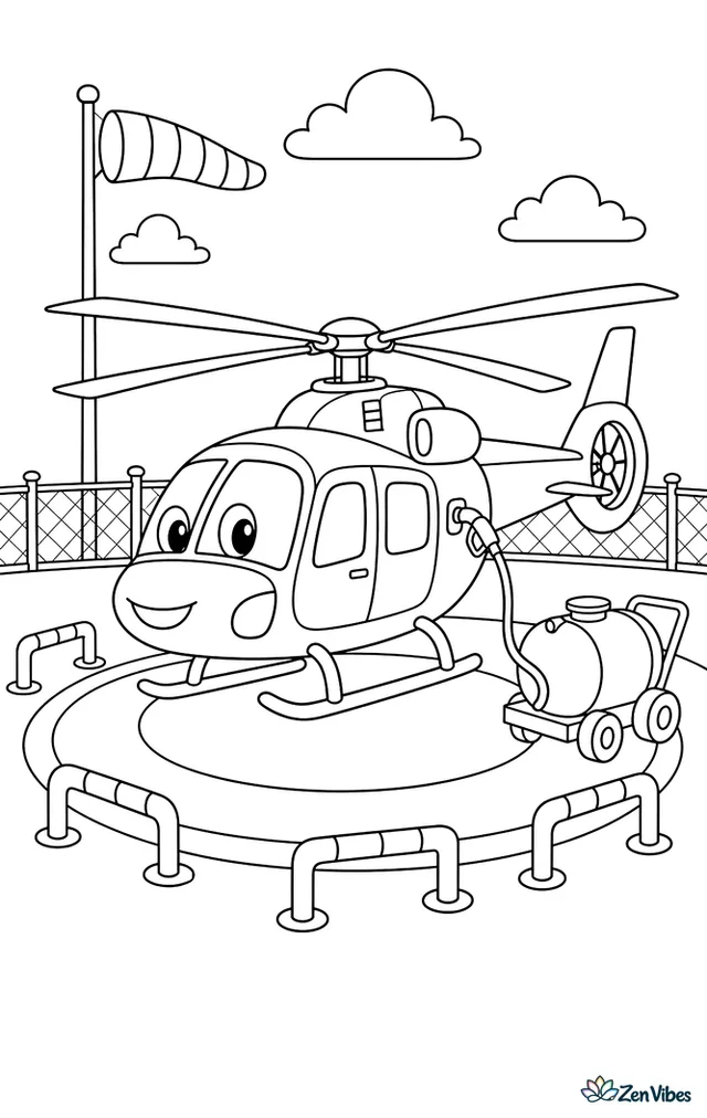 An airport helicopter rests on a marked pad while a refueling cart stands beside it. Windsocks, painted circles, and low safety barriers define the rotorcraft area.