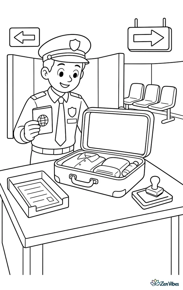 A customs inspection table holds an open suitcase while a form tray and stamp pad sit nearby. Partition walls, waiting chairs, and directional signs shape the orderly inspection room.