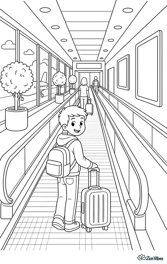 A moving walkway carries travelers through a long airport corridor lined with windows. Handrails, ceiling lights, advertisement panels, and potted trees stretch toward distant gates.