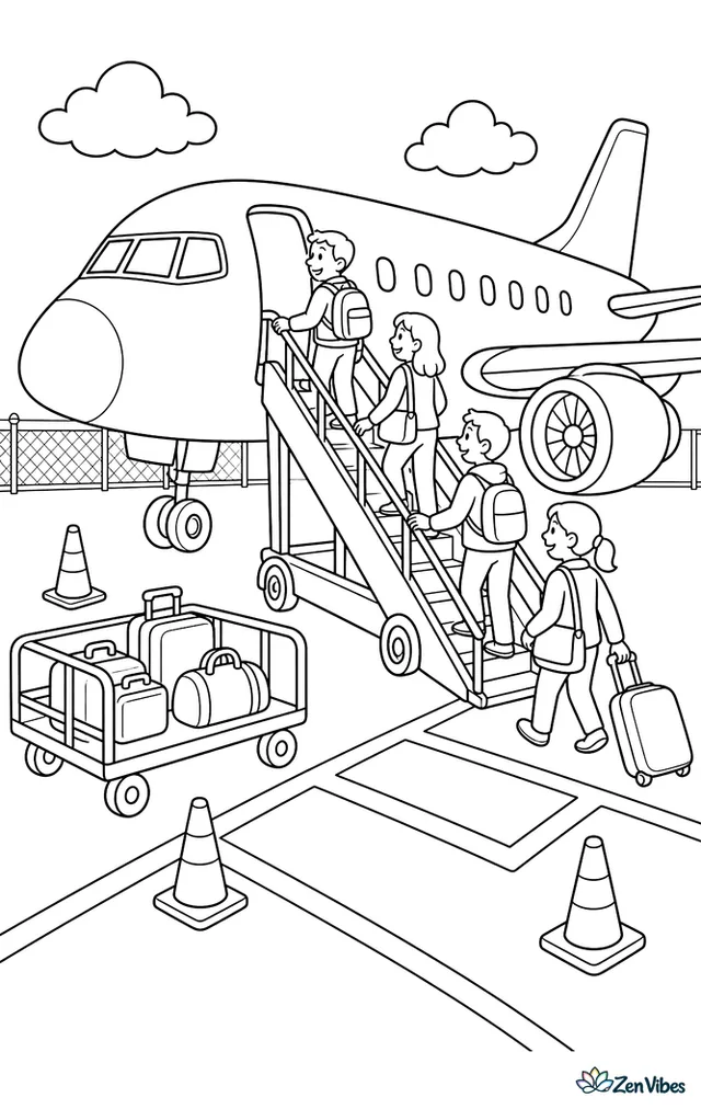Passengers climb portable air stairs to a regional airplane parked on the apron. Safety cones, a baggage cart, and painted stand numbers add detail around the open aircraft door.