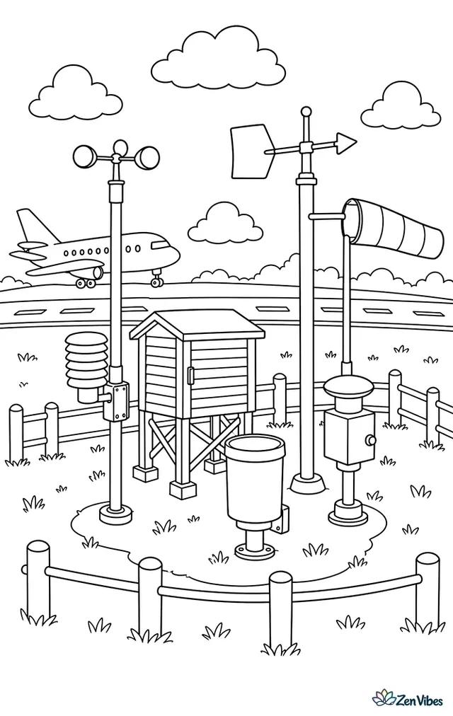 An airport weather station stands beside the field with instruments mounted on poles. A small shelter, wind vane, runway signs, and short grass spread across the monitoring area.