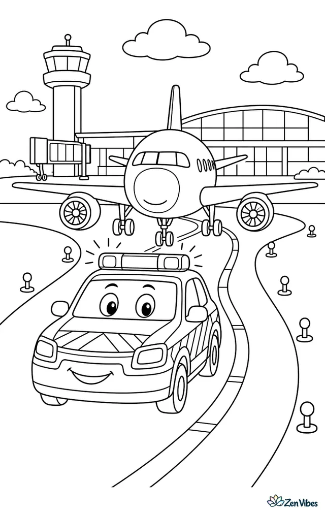A follow-me car leads an airplane along a taxiway at dusk. Flashing roof lights, painted centerlines, edge lamps, and terminal buildings create a guided ground movement scene.
