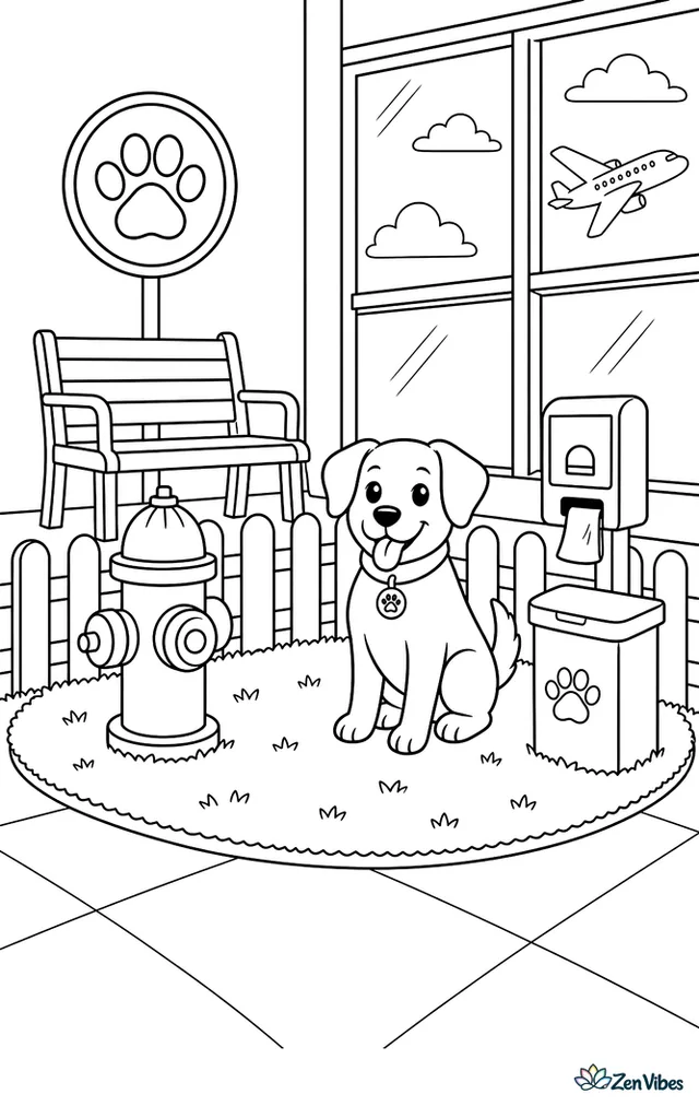 An airport pet relief area includes a faux grass patch, a fire hydrant, and a waste station. Benches, paw-print signs, and nearby windows make the corner easy to spot.