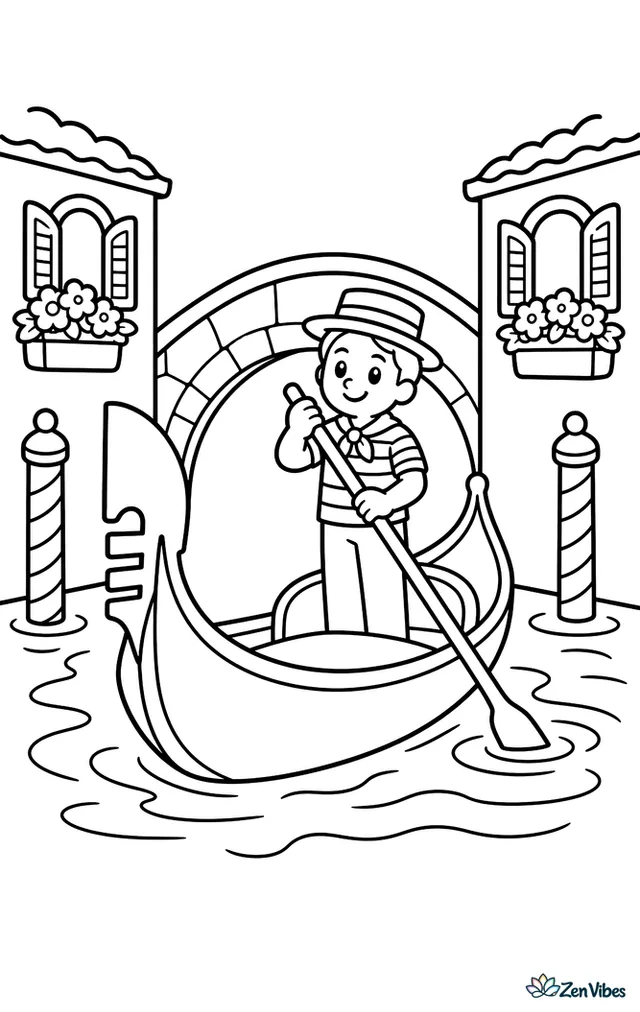 A Venetian gondola glides along a narrow canal past arched stone bridges, striped mooring poles, shuttered windows, and flower boxes, while gentle ripples spread across the water under a calm sky.