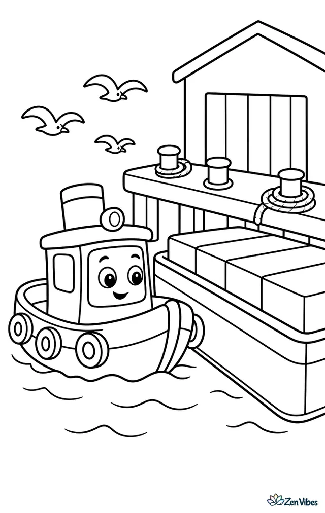 A small tugboat nudges a cargo barge near a harbor dock, with bollards, coiled ropes, warehouse walls, and a few seagulls overhead as soft waves lap the pilings.