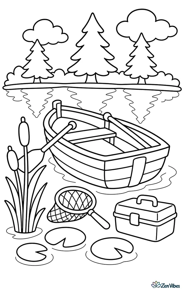 A wooden rowboat floats on a quiet lake beside reeds and lily pads, with a fishing net, tackle box, distant pine trees, and round clouds reflected in the still water.