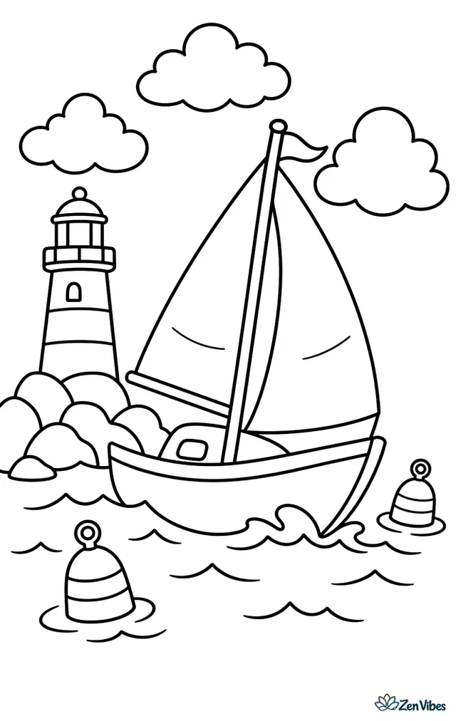 A sloop sailboat leans gently in a breezy bay, passing a rocky shore, a striped lighthouse, bobbing buoys, and small waves sparkling beneath wide open clouds.