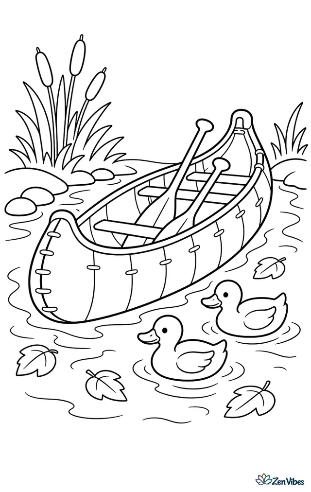 A birchbark canoe moves down a slow river between grassy banks, with paddles inside, smooth stones, cattails, and a pair of ducks swimming beside drifting leaves.