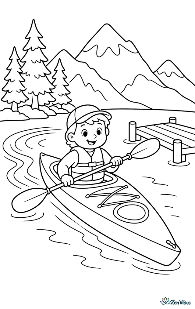 A sea kayak cuts across a clear mountain lake, with snowy peaks, evergreen trees, a floating dock, and gentle rings in the water trailing behind the narrow hull.