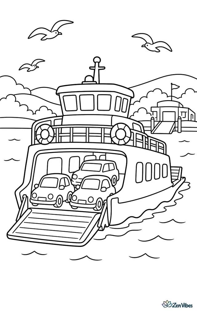 A double-ended ferry carries cars across a short island channel, with railings, life rings, gulls, a distant terminal, and rolling hills beyond the bright water.