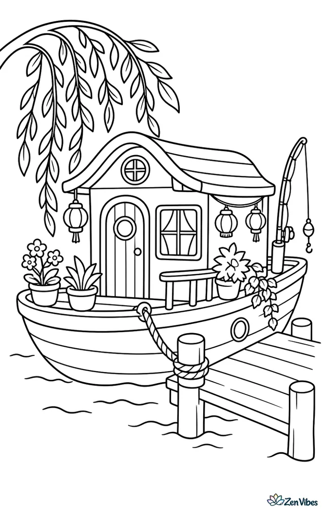 A cozy houseboat sits tied beside a wooden pier, with potted plants on deck, hanging lanterns, a fishing rod holder, and willow branches dipping toward the quiet river.