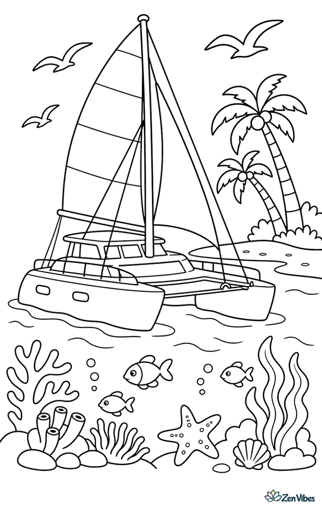 A catamaran sails above shallow turquoise water near a coral reef, with two hulls, taut lines, circling seabirds, and a sandy beach lined with leaning palm trees.