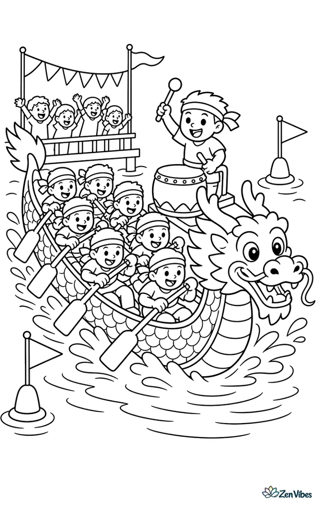 A dragon boat slices through a festival course marked by flags and buoys, with many paddles moving together, a drummer's platform, cheering docks, and ripples spreading outward.