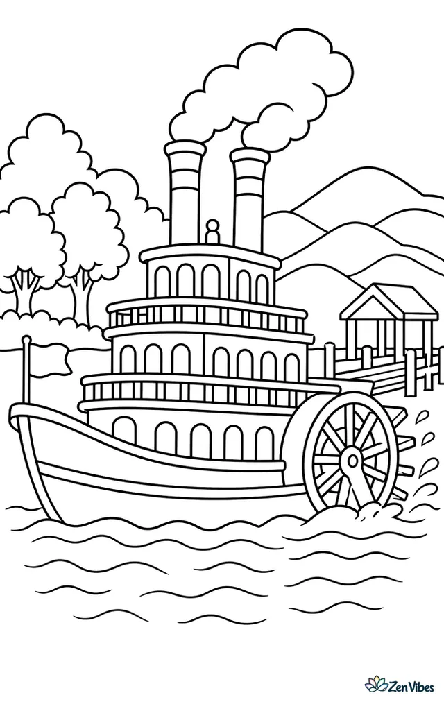 A sternwheeler paddle steamer travels along a broad river, with a turning paddle wheel, tall smokestacks, shoreline trees, a landing stage, and layered hills in the distance.