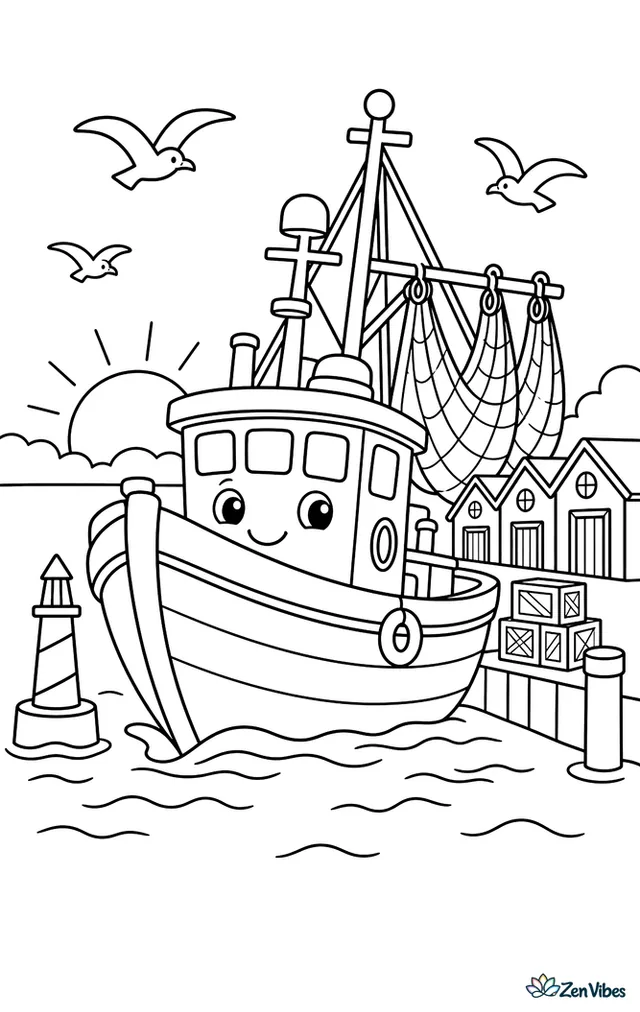 A fishing trawler returns at dawn with nets hanging to dry, passing harbor markers, stacked crates, circling gulls, and a row of small sheds along the working waterfront.