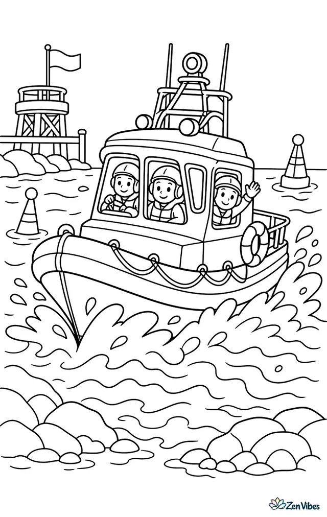 An orange lifeboat speeds across choppy training waters during a rescue drill, with foamy spray, marker buoys, a nearby support pier, and dark rocks along the shore.