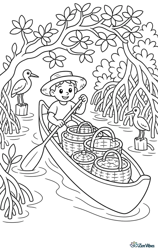 A long piragua glides through a mangrove channel, with tangled roots, overhanging branches, water birds on stumps, and bundles of baskets resting low inside the boat.