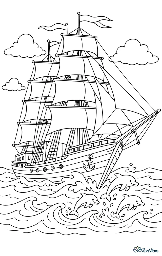 A clipper ship races across the open ocean under full square sails, with ropes, fluttering pennants, rolling waves, and a distant pod of dolphins leaping nearby.