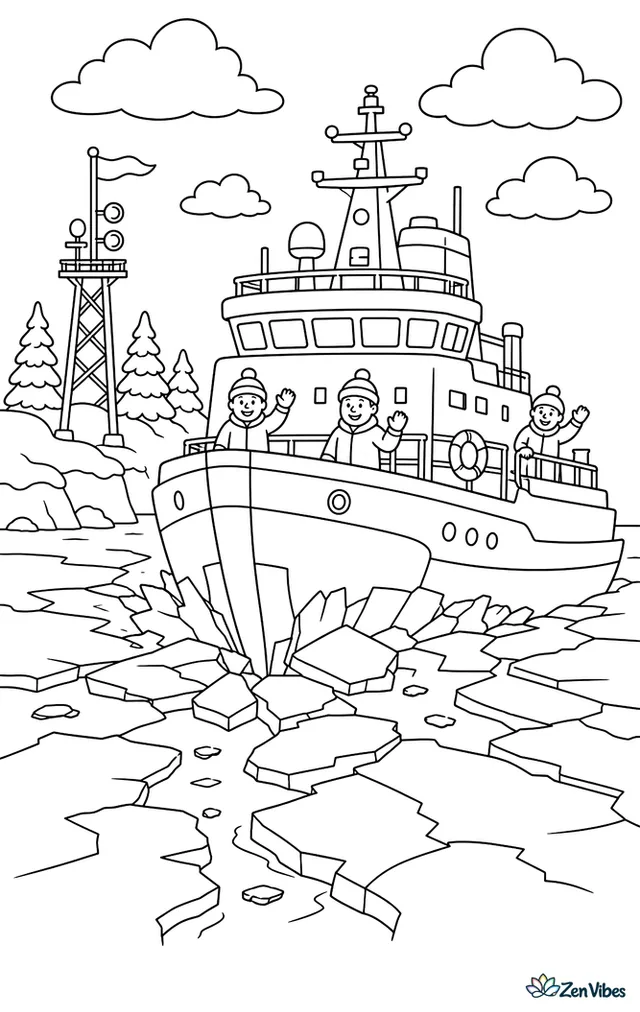 An icebreaker pushes through a frozen bay, cracking wide sheets of ice, with a snowy shoreline, signal mast, bundled crew on deck, and pale winter clouds overhead.