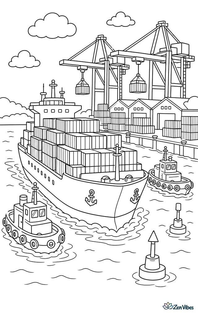 A container ship approaches a busy port lined with tall cranes, stacked containers, channel markers, tug escorts, and warehouse roofs rising behind the concrete quay.