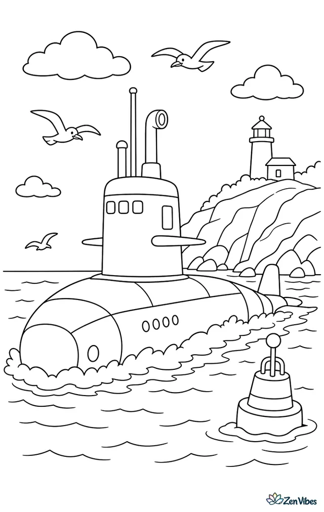 A diesel-electric submarine travels on the surface near a rocky coast, with its conning tower, escort buoy, seabirds, foamy wake, and a low lighthouse on the headland.