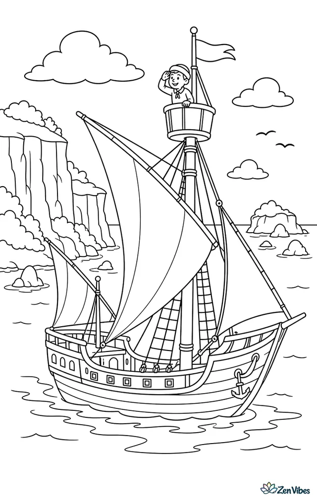 A caravel explores along a green coastline, with lateen sails, rigging, a lookout in the mast, sea cliffs, and small islands dotted across calm afternoon water.