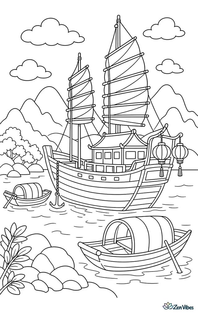 A Chinese junk rests at anchor in a sheltered harbor, with battened sails furled, lanterns hanging from the stern, nearby sampans, and misty hills beyond the water.