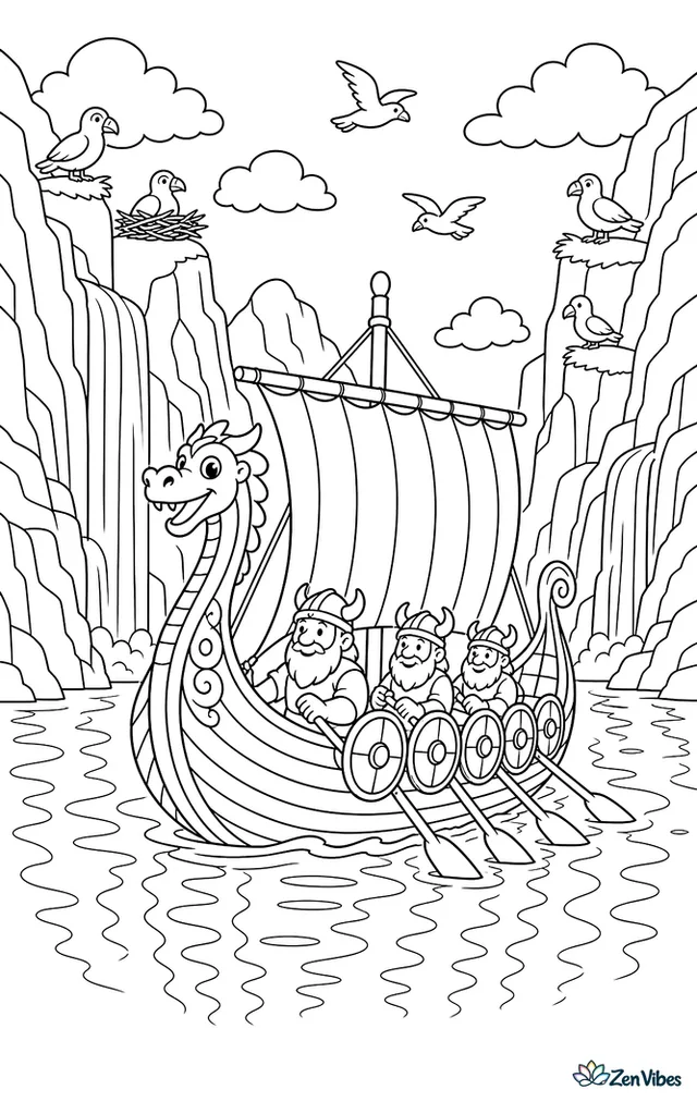 A Viking longship rows through a narrow fjord, with carved prow, striped sail lowered, steep cliffs, cascading waterfalls, and seabirds nesting on ledges above the mirrored water.