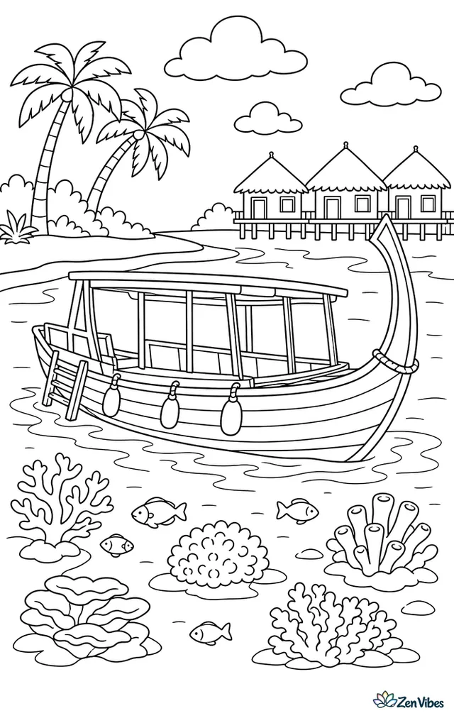 A Maldivian dhoni cruises across a shallow lagoon, with curved wooden sides, rope fenders, coral patches visible below, and a line of overwater huts near the beach.