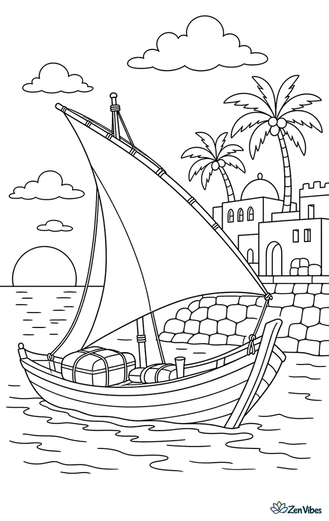 A dhow sails at sunset along a warm coast, with triangular sail billowing, bundles of cargo on deck, a stone seawall, and palm trees silhouetted behind shoreline buildings.