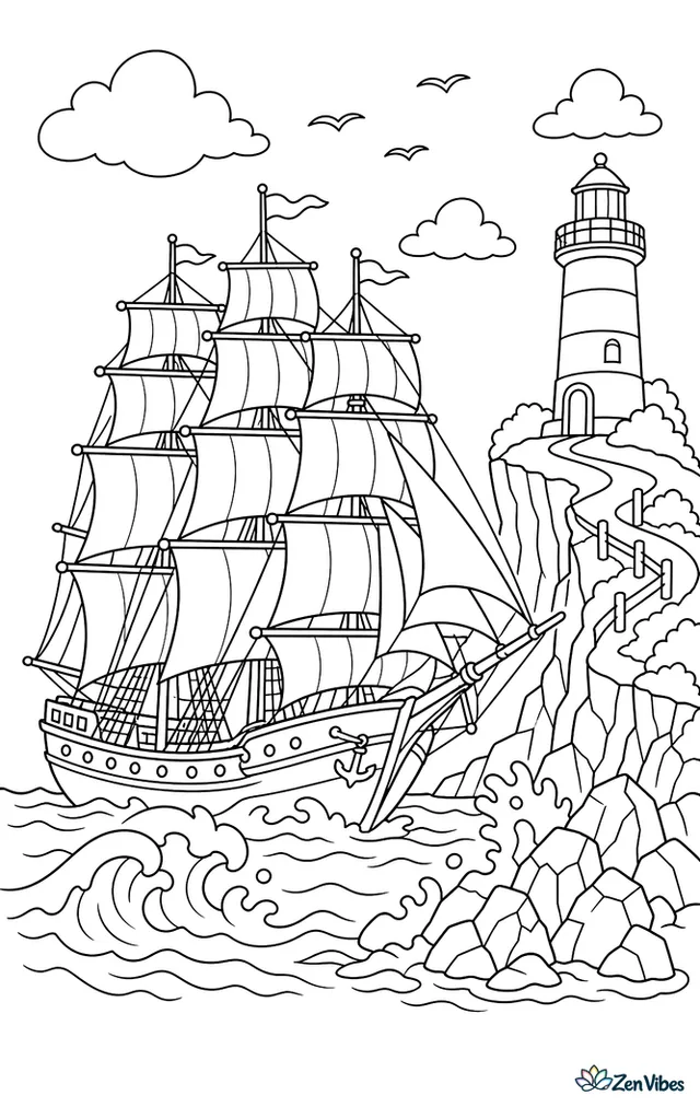 A three-masted barque rounds a windy cape, with layered sails, complex rigging, crashing surf against black rocks, and a beacon tower standing above the cliff path.
