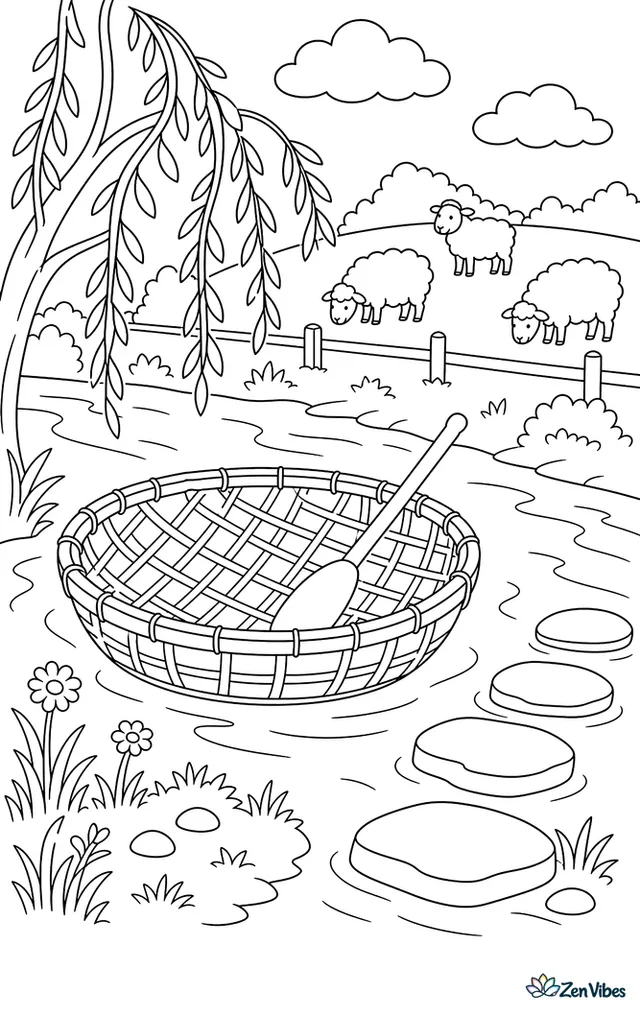 A woven coracle drifts near a grassy river bank, with a single paddle, overhanging willow branches, stepping stones, and sheep grazing in a field beyond the stream.