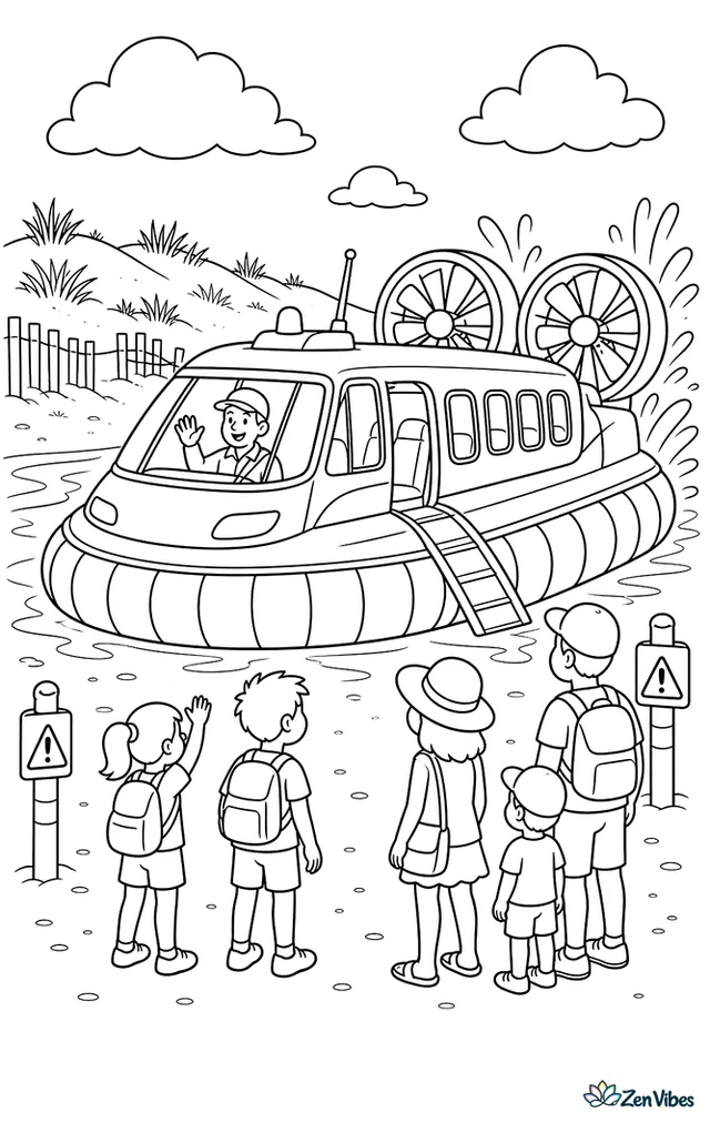 A hovercraft arrives at a broad beach, skirt inflated above wet sand, with spray fans, warning posts, waiting passengers, and dunes covered in beach grass behind it.