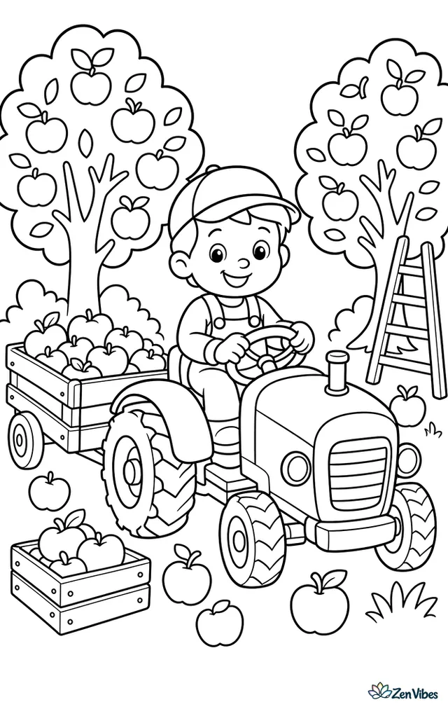 A compact orchard tractor drives slowly between rows of apple trees, pulling a small wagon of picked apples. Fallen apples, wooden crates, a ladder, and distant hills surround the farm lane.
