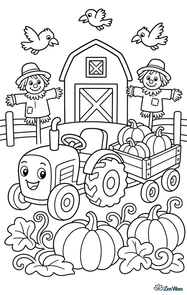 A small utility tractor rolls beside giant pumpkin vines, towing a wagon with round pumpkins. Scarecrows, fence posts, crows in the sky, and a red barn sit around the patch.