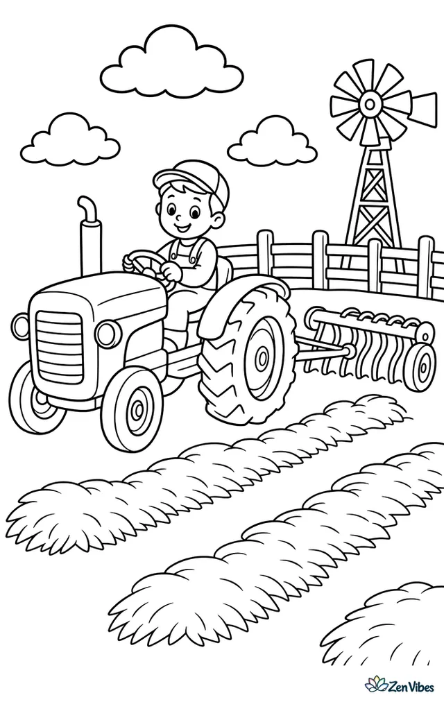 A classic farm tractor crosses a flat hayfield, pulling a simple hay rake behind it. Cut hay rows, a fence, a windmill, and a few fluffy clouds fill the open scene.