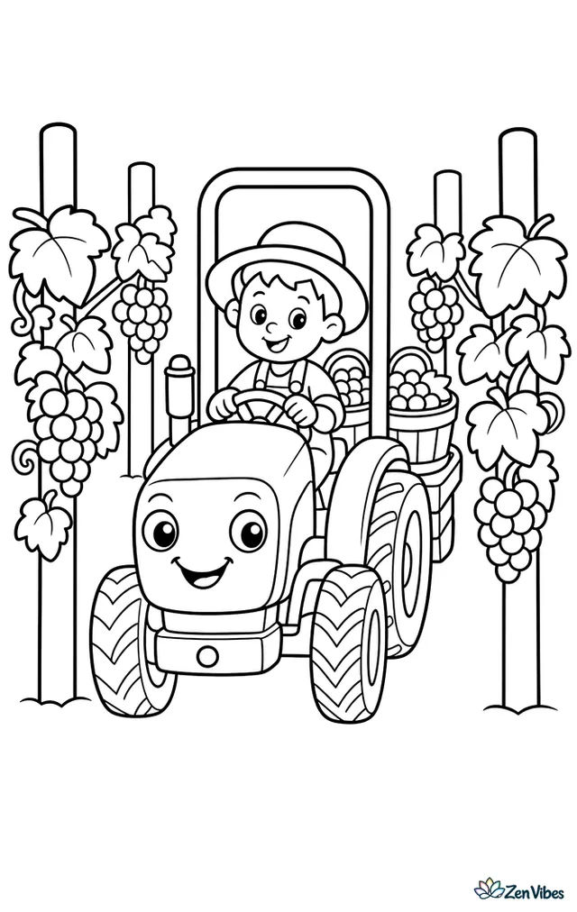 A narrow vineyard tractor moves between grapevine rows, carrying baskets for harvest. Trellis posts, clusters of grapes, rolling hills, and a farmhouse in the background create a tidy scene.