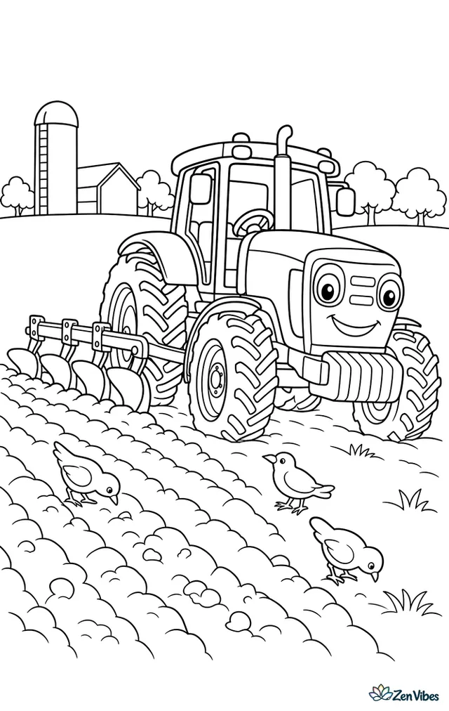 A large row-crop tractor pulls a moldboard plow across a wide prairie field. Fresh furrows, birds following the soil, a distant silo, and a line of trees stretch across the horizon.