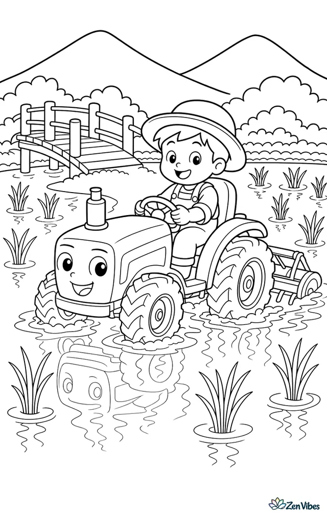 A small paddy tractor drives through shallow water between young rice plants. Reflections, muddy tracks, a wooden footbridge, and low mountains frame the watery farm scene.