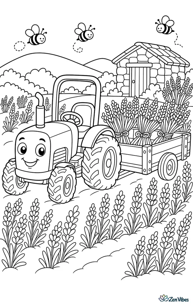 A compact tractor pulls a cart along neat lavender rows during harvest. Bundles of lavender, buzzing bees, a stone shed, and rounded hills create a fragrant countryside setting.